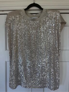 Anthro Sequin Cap Sleeve Shoulder Padded Top